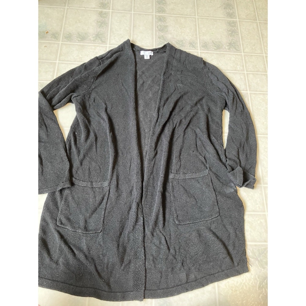J Jill Linen Blend Open Front Cardigan Eurosummer Black Medium Petite Pockets